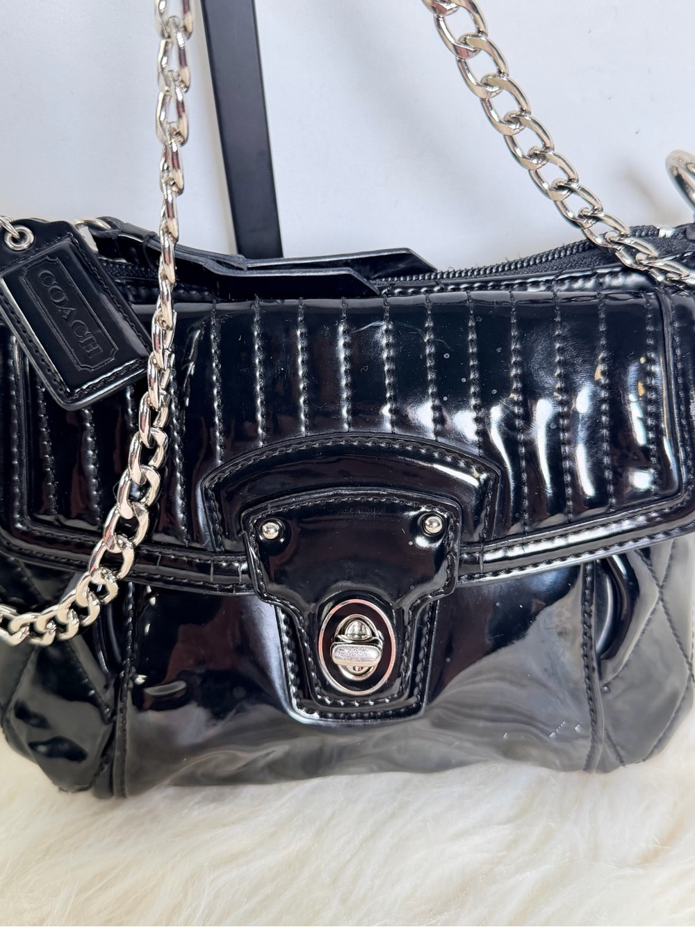 Coach Black Patent Leather Shoulder Bag with Silver Chain